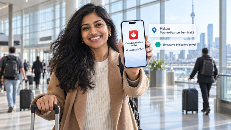 Traveller in a Canadian airport arrivals hall holding a phone showing an active Canadian number