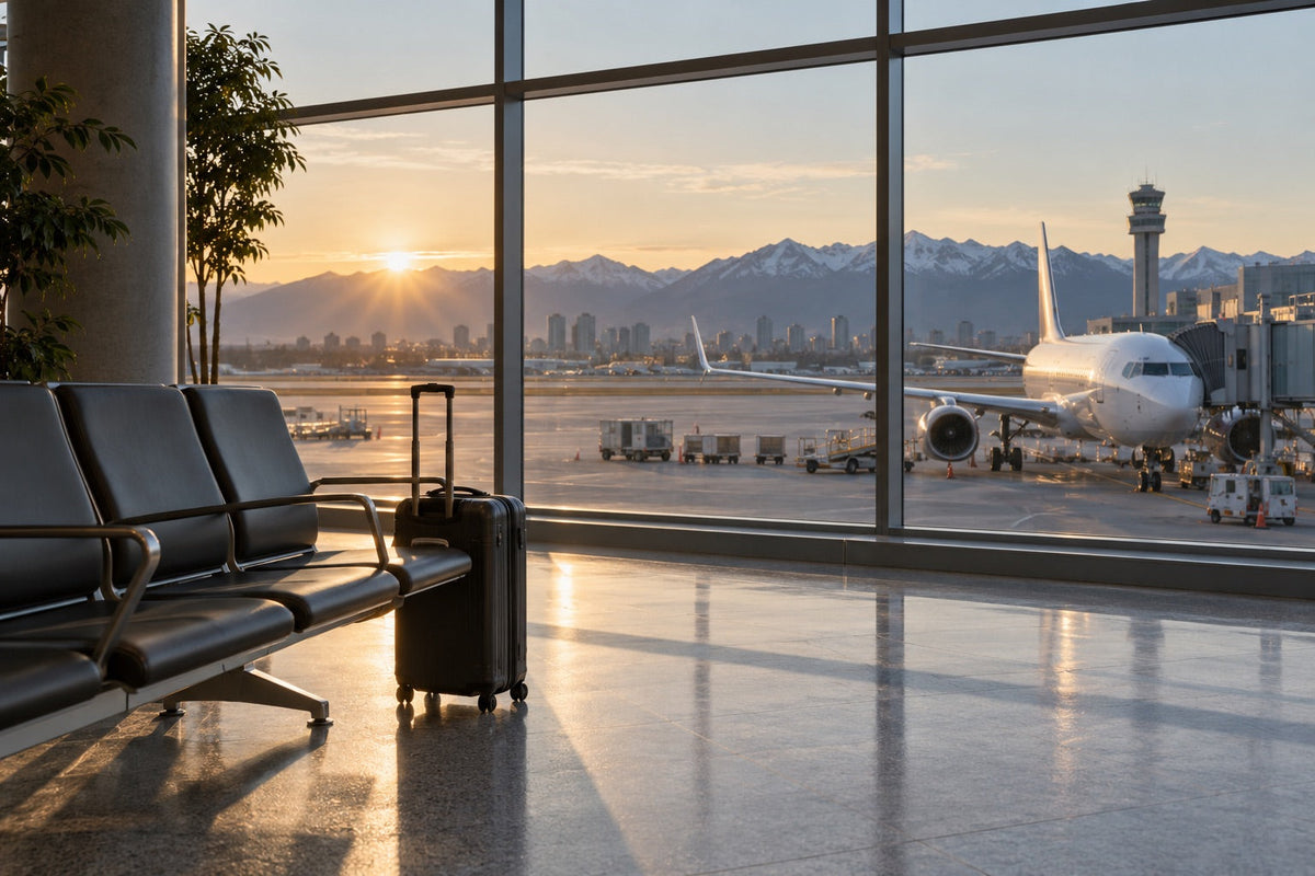Editorial illustration of a quiet airport terminal, carry-on suitcase, and aircraft at sunrise