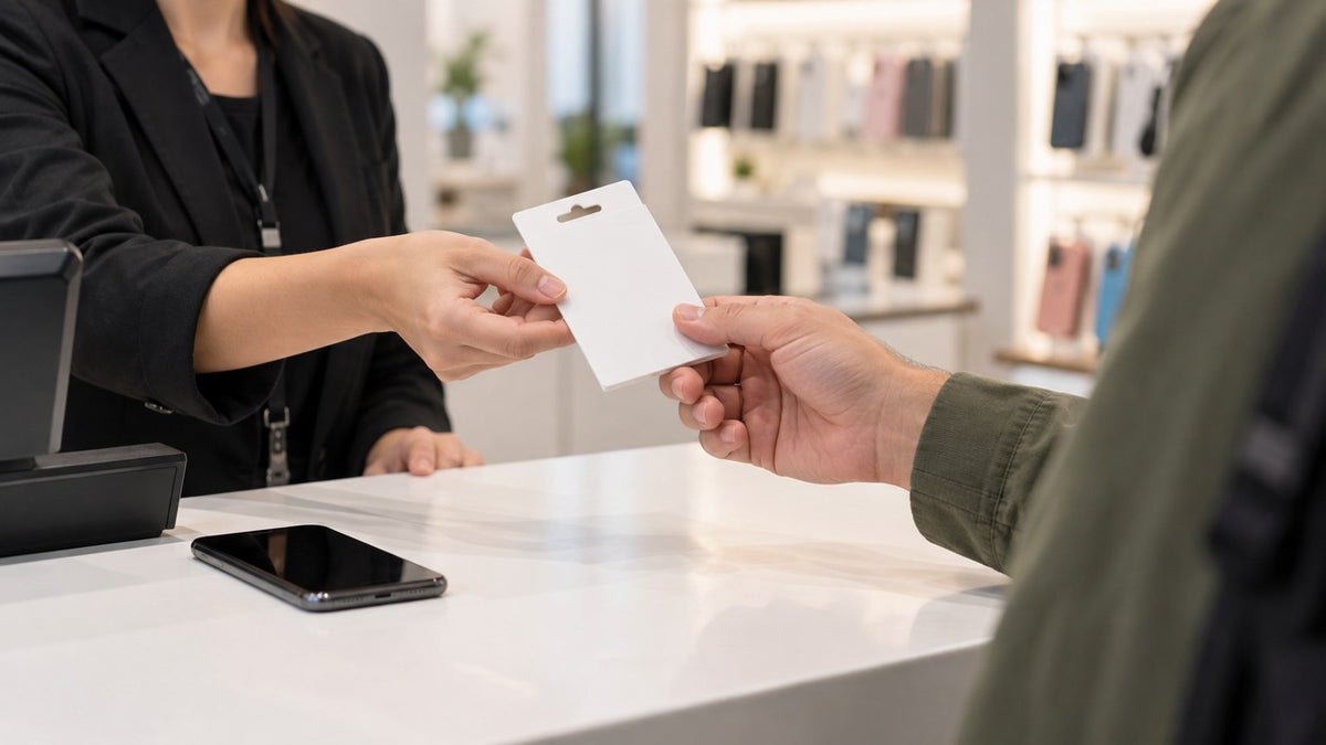 Editorial illustration of a traveller receiving an unbranded SIM starter pack