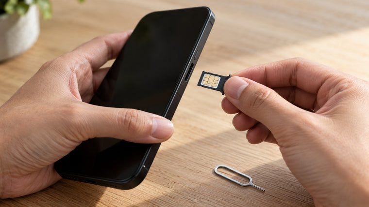 Editorial illustration of hands checking a phone's SIM tray