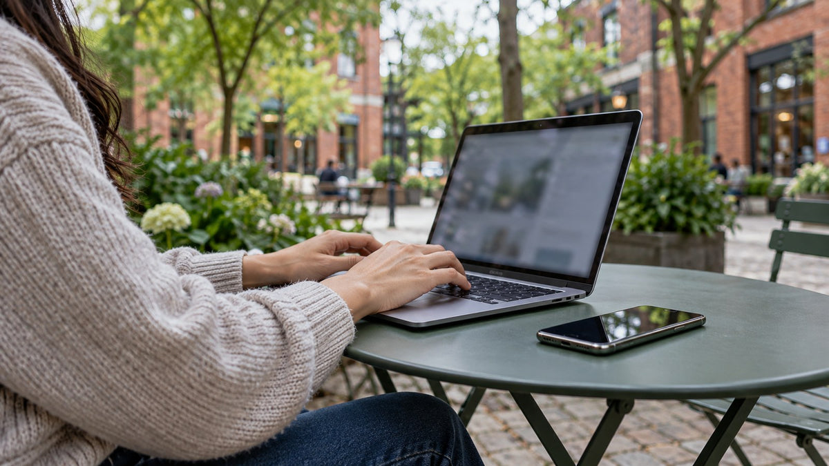 Editorial illustration of a laptop and phone at an outdoor workspace