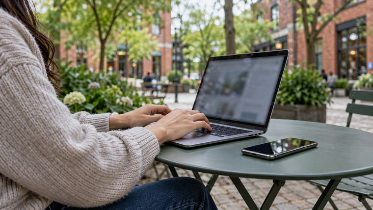Editorial illustration of a laptop and phone at an outdoor workspace
