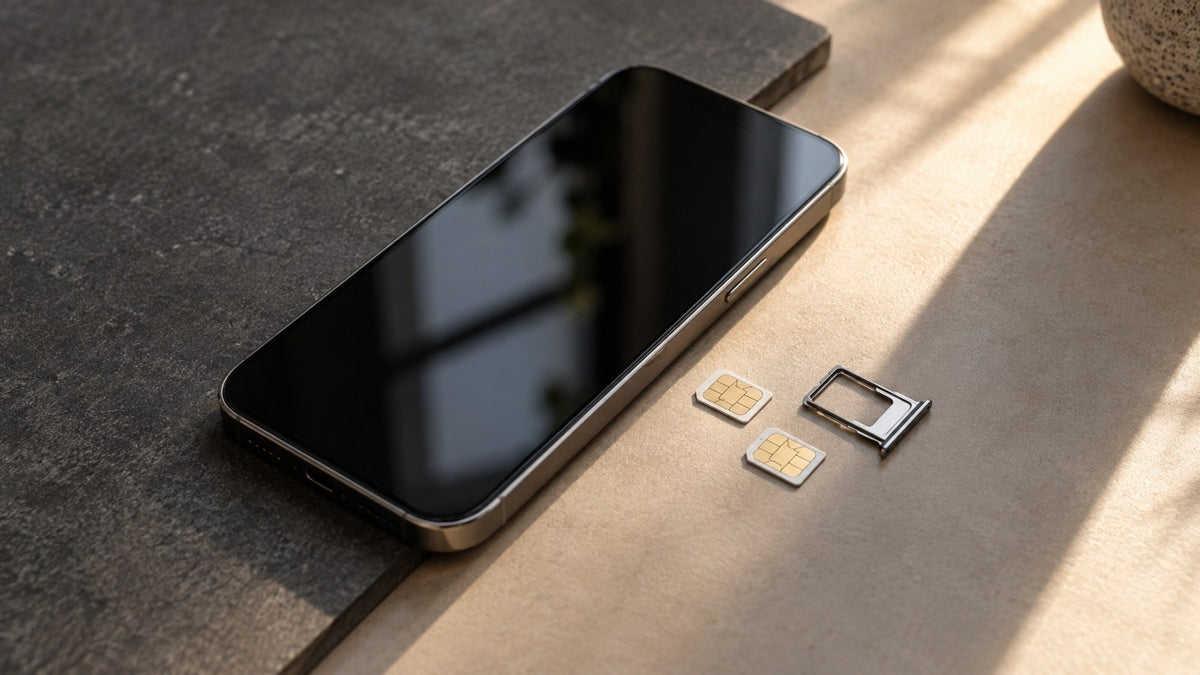 Editorial illustration of a smartphone beside two unbranded SIM cards