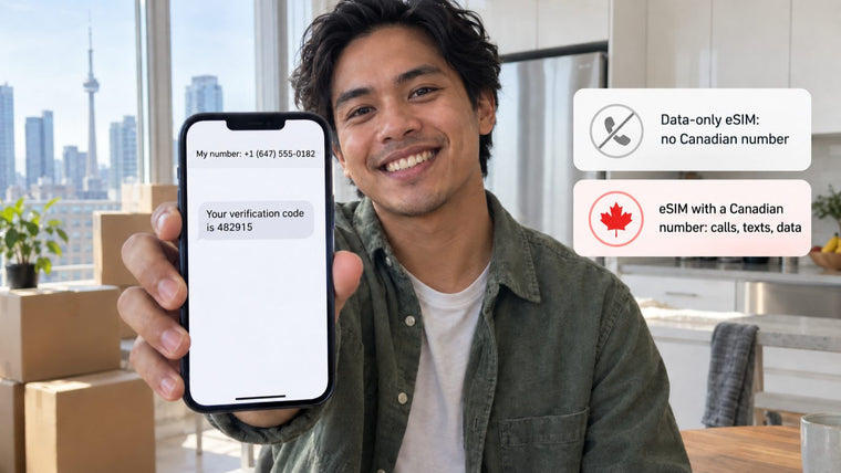 Editorial illustration of a person displaying a Canadian phone number on a smartphone