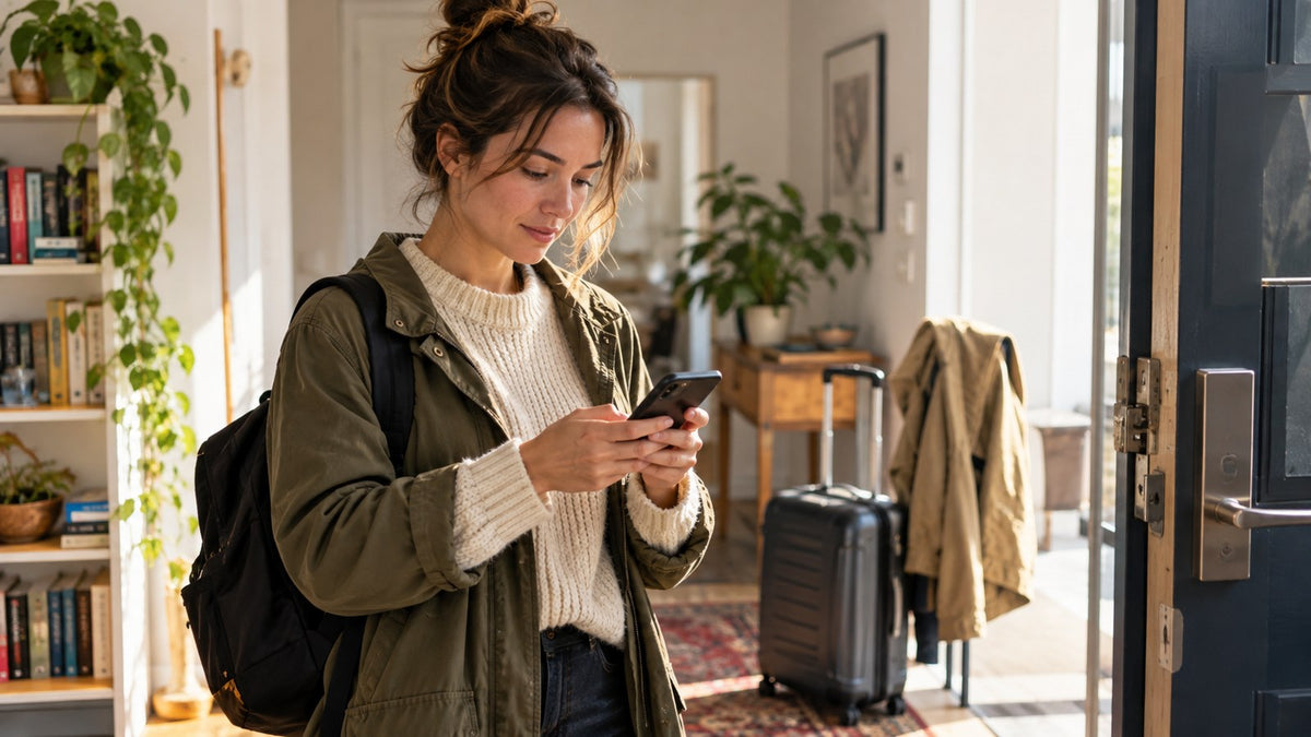 Editorial illustration of a traveller using a phone while preparing to leave home