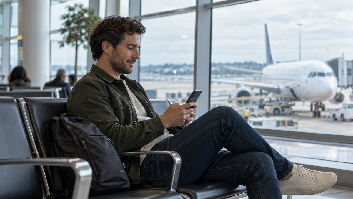 Editorial illustration of a traveller using a phone in an airport departures lounge