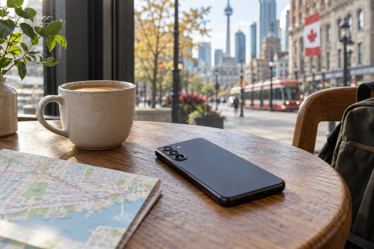 Editorial illustration of a smartphone, coffee, and map beside a Canadian city street