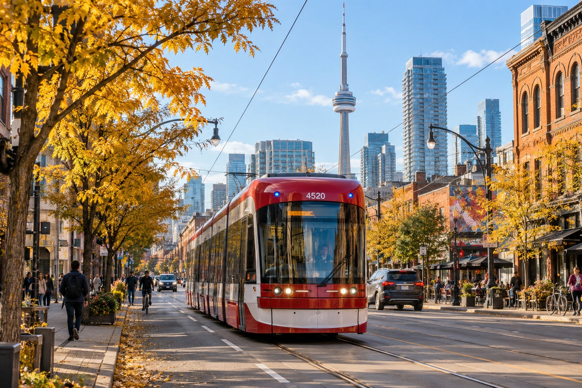 Editorial illustration of a Toronto streetcar and the CN Tower in autumn