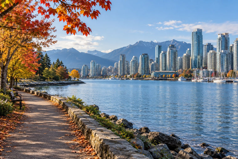 Editorial illustration of Vancouver waterfront, autumn trees, and distant mountains