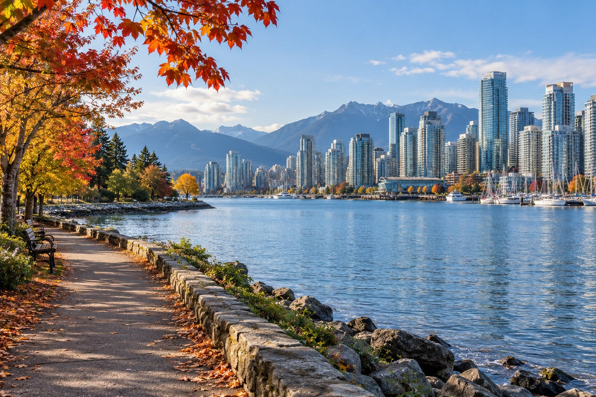 Editorial illustration of Vancouver waterfront, autumn trees, and distant mountains